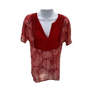 New York & Company Red Paisley Sheer Blouse
